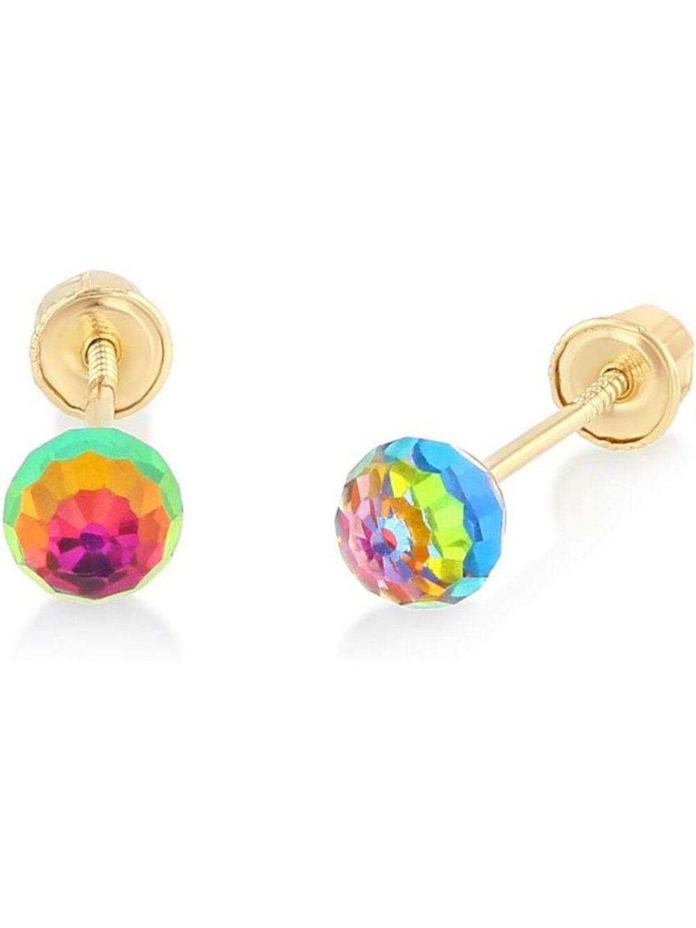 14K Gold Rainbow Crystal Disco Ball Stud Earrings for Women, Screw Back Design